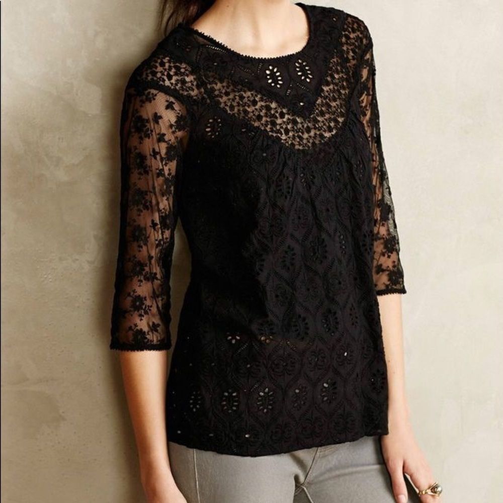 Anthropologie eyelet lace black blouse